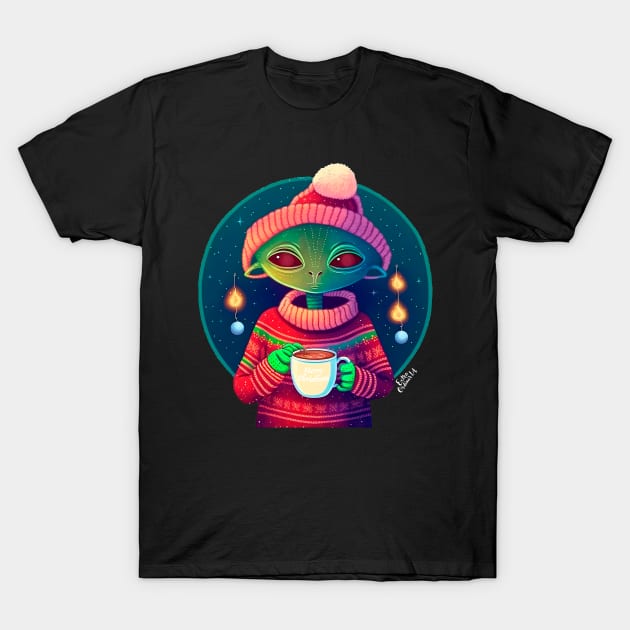 Christmas Funny Alien Drinking Coffee Wearing Sweater T-Shirt by extraordinar-ia